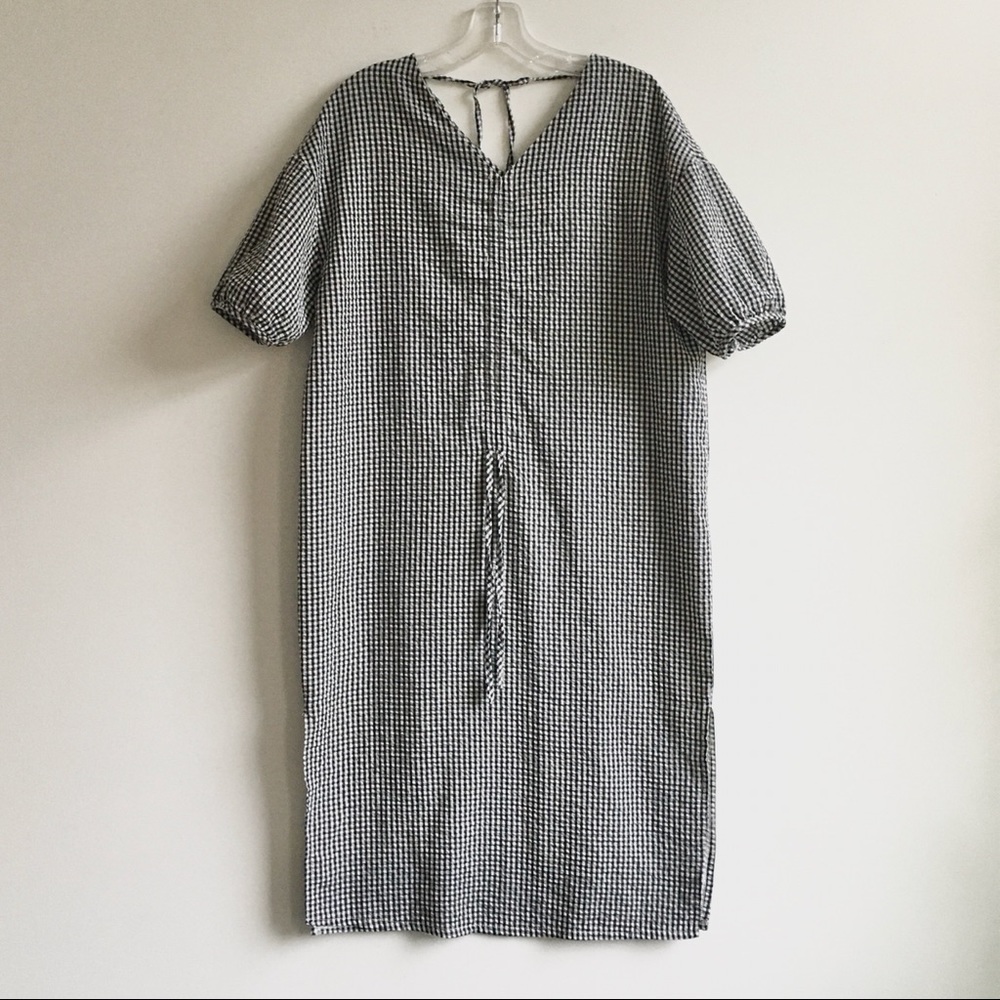 Gingham check black white crinkled ruched cottagecore midi dress